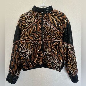 Caché Sequined Animal Print Bomber Jacket - Black & Brown size M